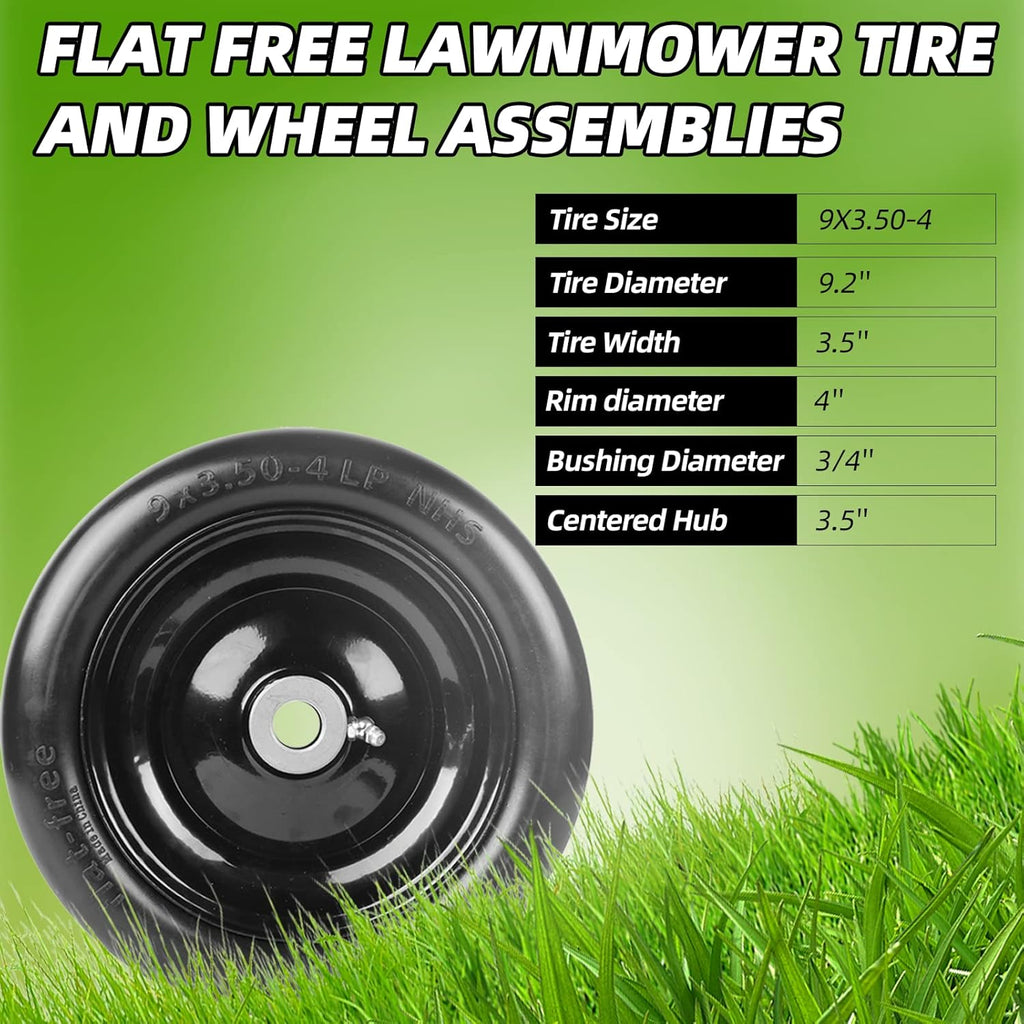 (2-Pack) 9x3.50-4” Flat Free Lawnmower Tire and Wheel Assemblies - PU Tire on Wheel and Adapter Kits with 3.5"