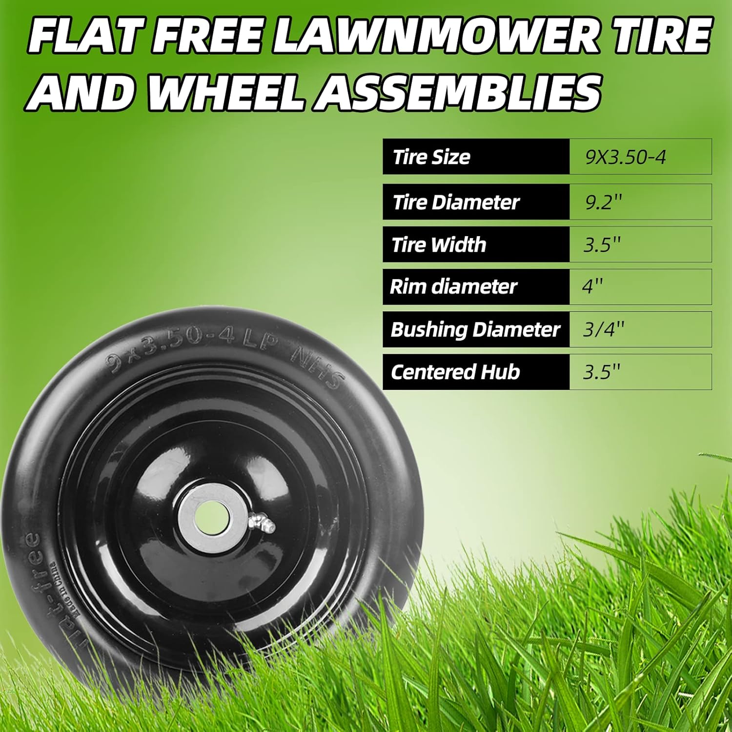 (2-Pack) 9x3.50-4” Flat Free Lawnmower Tire and Wheel Assemblies - PU Tire on Wheel and Adapter Kits with 3.5"