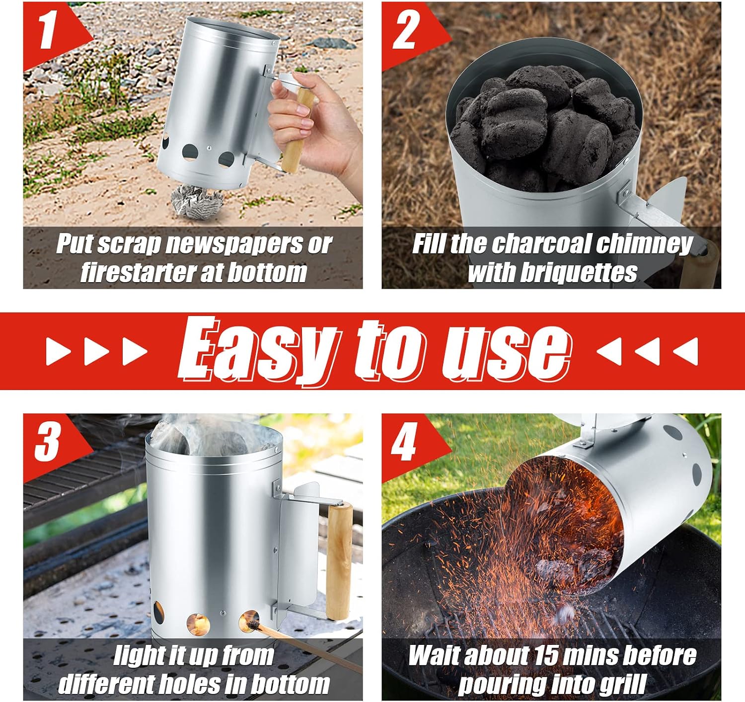 Charcoal Chimney, 10.6x6.7 Inch Heavy Duty BBQ Chimney Starter for Outdoor Grilling Barbecue Camping, Quick Rapid Fir