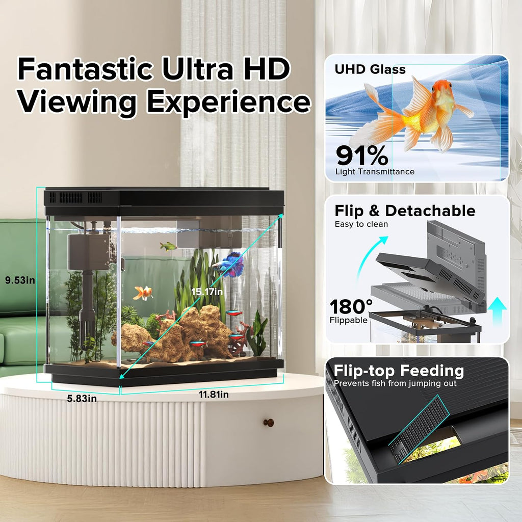 Fish Tank, 2.4-Gallon Aquarium Starter Kit with 3-in-1 Quiet Pump
