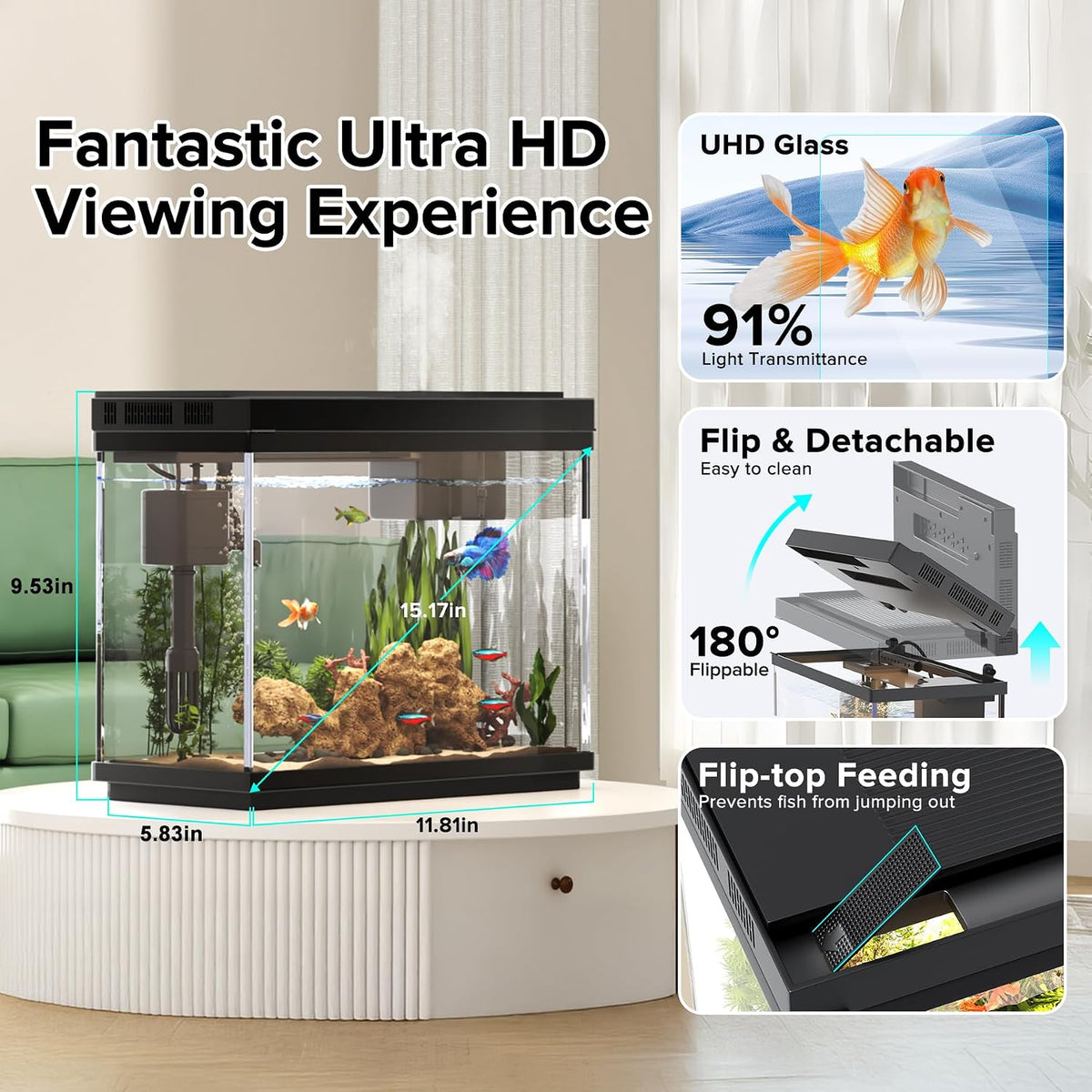 Fish Tank, 2.4-Gallon Aquarium Starter Kit with 3-in-1 Quiet Pump