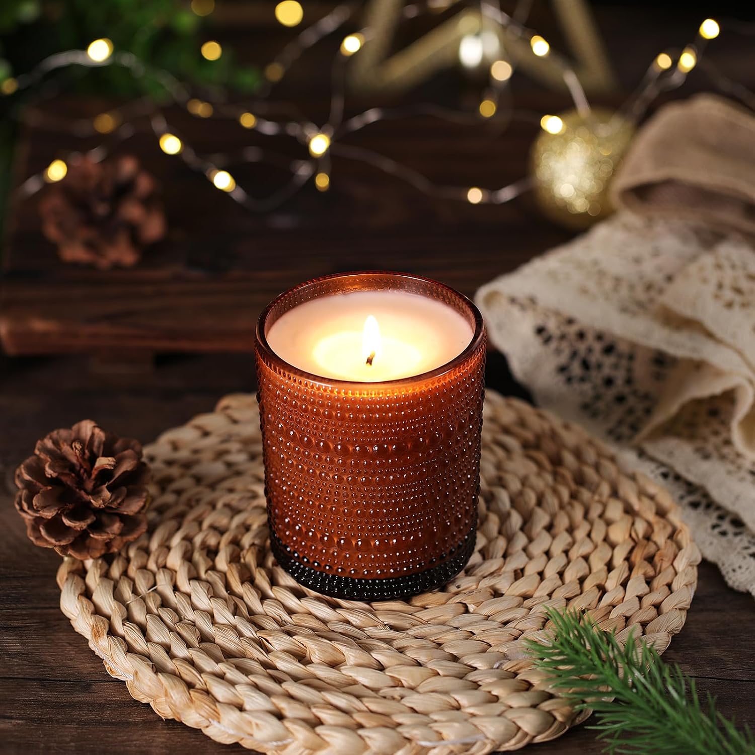 12 Pcs 10 oz Glass Candle Jars with Lids, Candle Tins-Amber | Thick Wall Ribbed Glass, Airtight Wood Lids- The go to