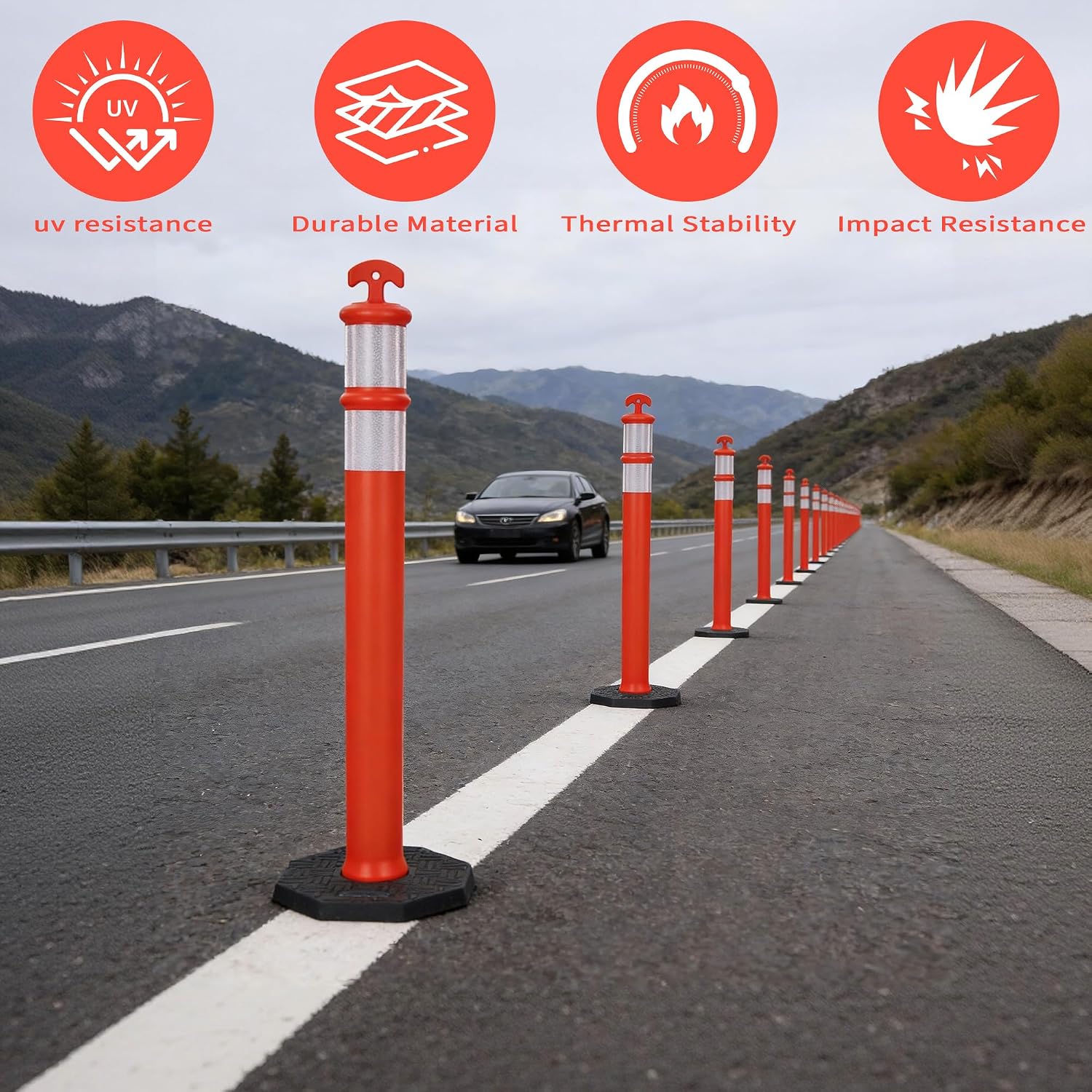 42" Traffic Delineator Posts 6 Pack,Safety Cones Heavy-Duty with Reflective Collars & Weighted Base for Construction