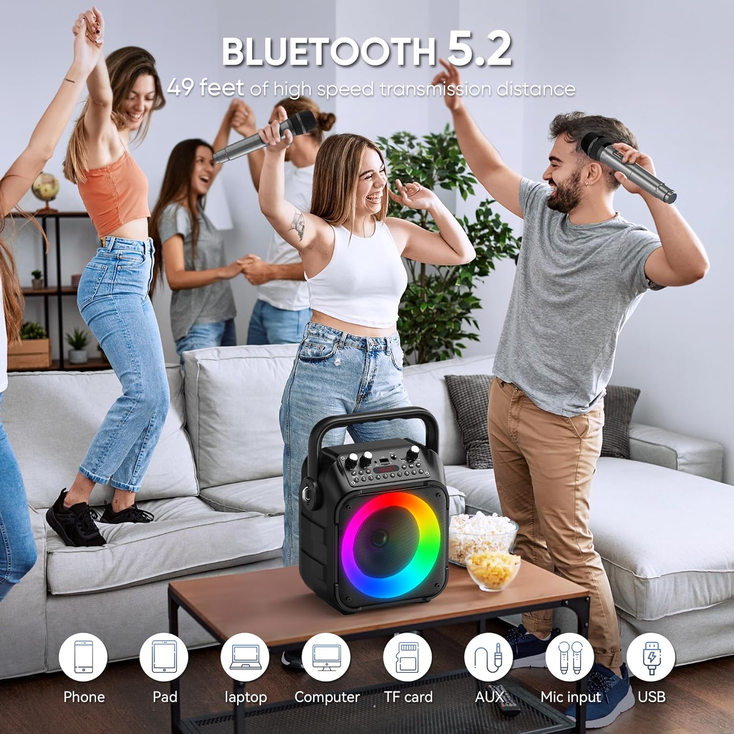 Karaoke Machine, Portable Bluetooth Speaker with 2 Wireless Microphones | Immersive Sound, 5 Light Modes, PA System