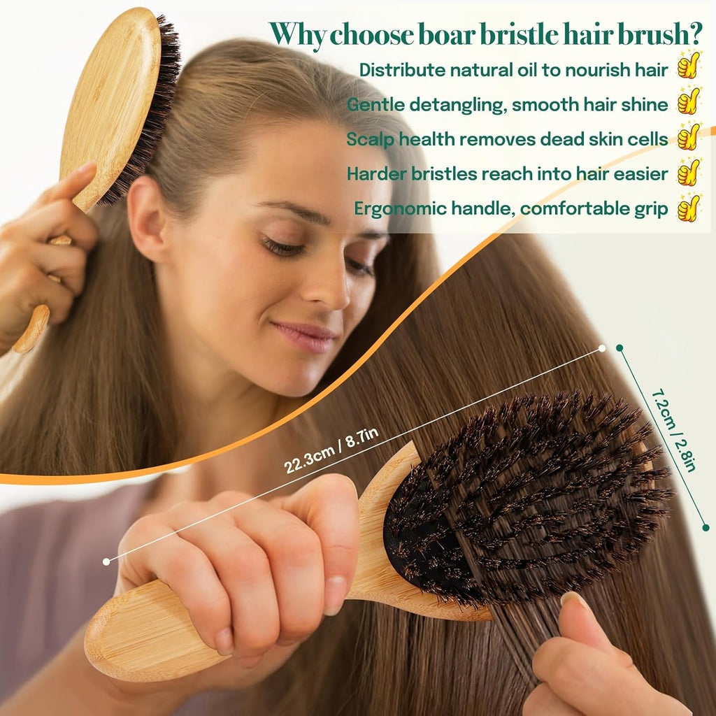 Hair Brush Set with Bamboo Detangling Brush and Boar Bristle Brush | 2 Pack HairBrush Set for Women Men Kids, Bamboo