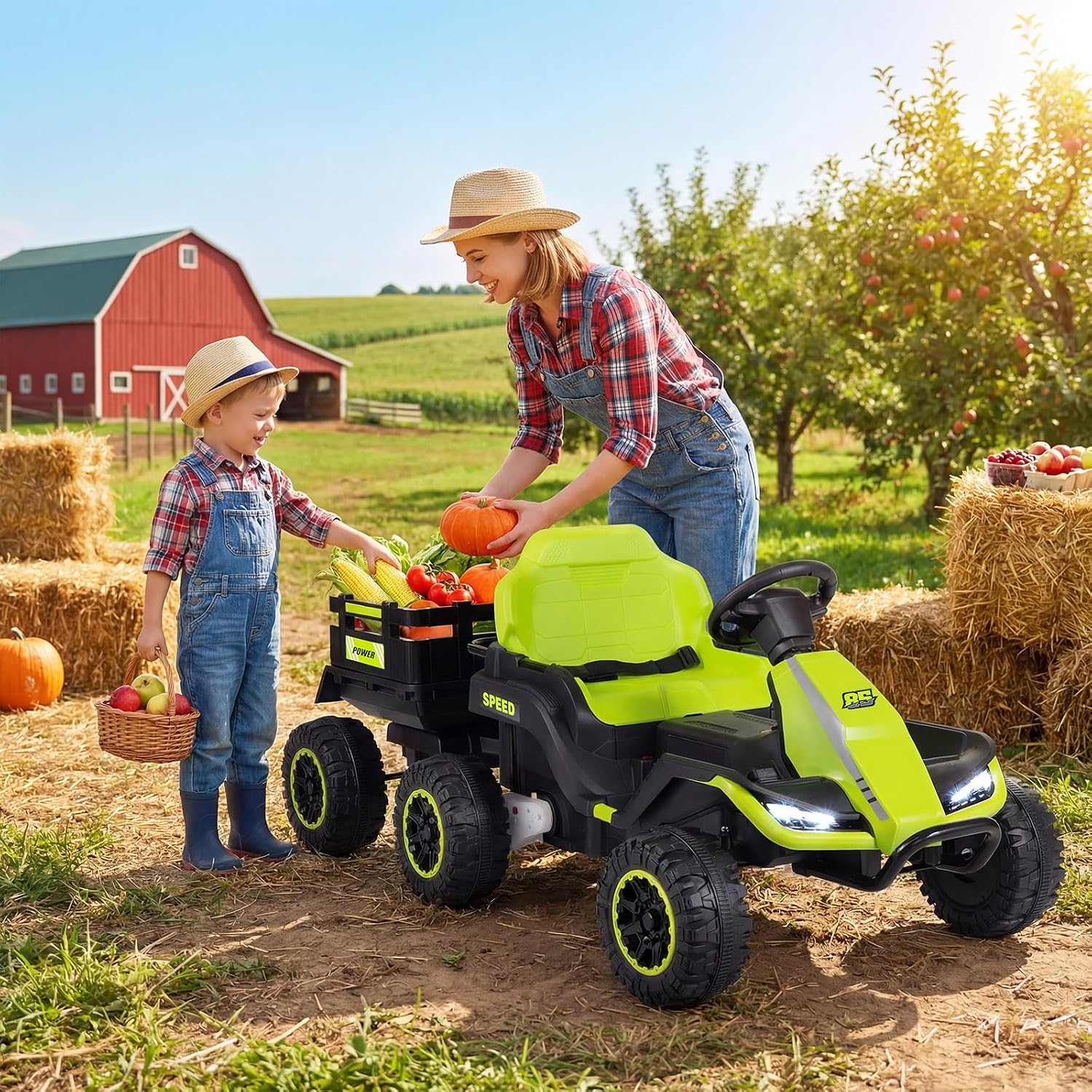 Ride on Tractor with Detachable Trailer, 24V Ride on Toys for Big Kids, Electric Vehicle with Parent Remote, 20°