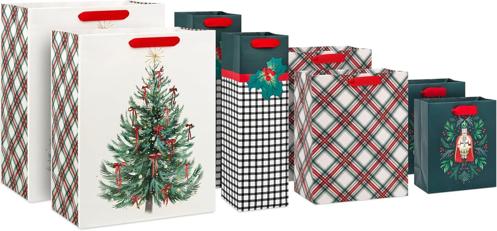 Christmas Gift Bags, Assorted 8-Pack (Nutcracker, Plaid, Tree)