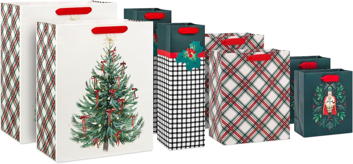 Christmas Gift Bags, Assorted 8-Pack (Nutcracker, Plaid, Tree)