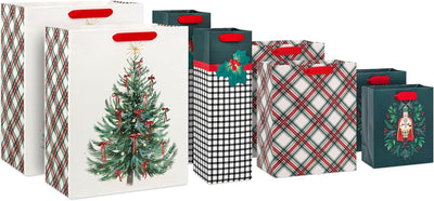 Christmas Gift Bags, Assorted 8-Pack (Nutcracker, Plaid, Tree)