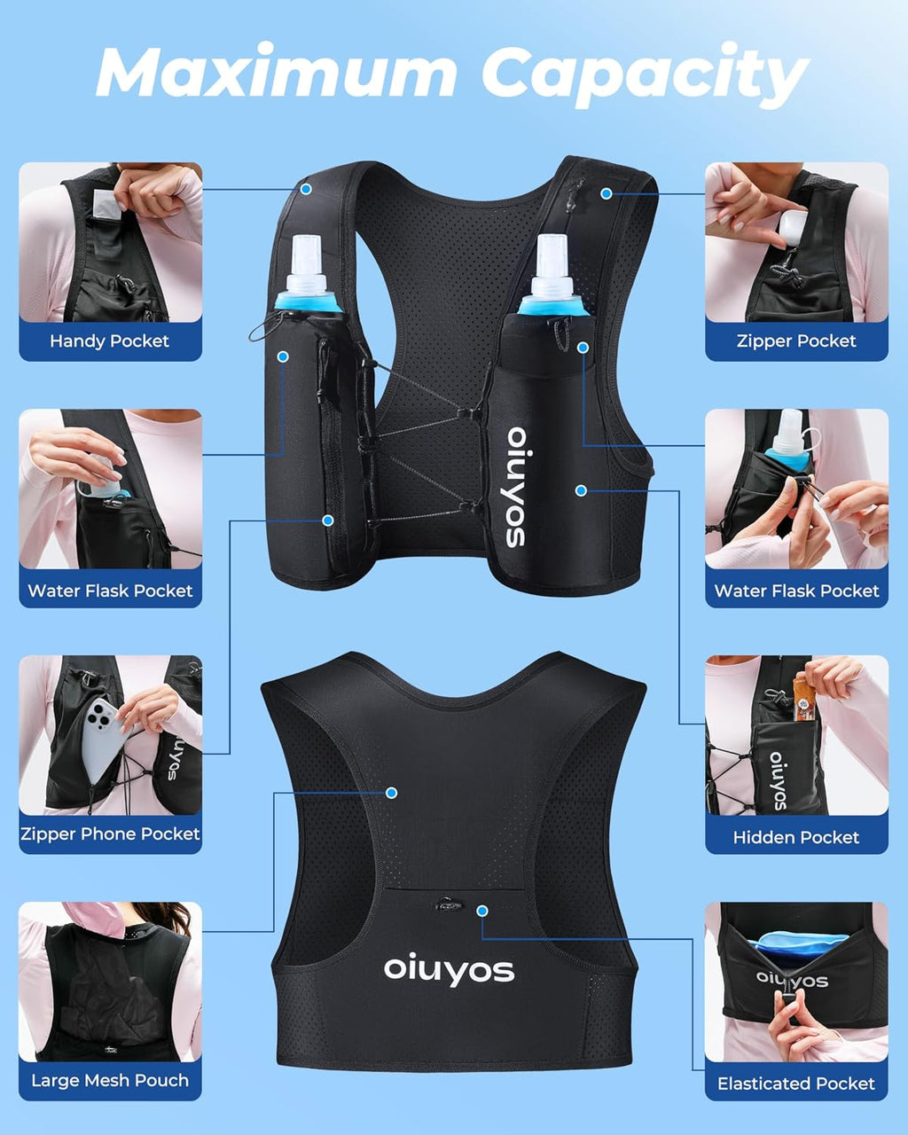 Running Vest for Women Men - Adjustable Chest Straps Running Hydration Vest with 500ml Soft Flask & Phone Holder