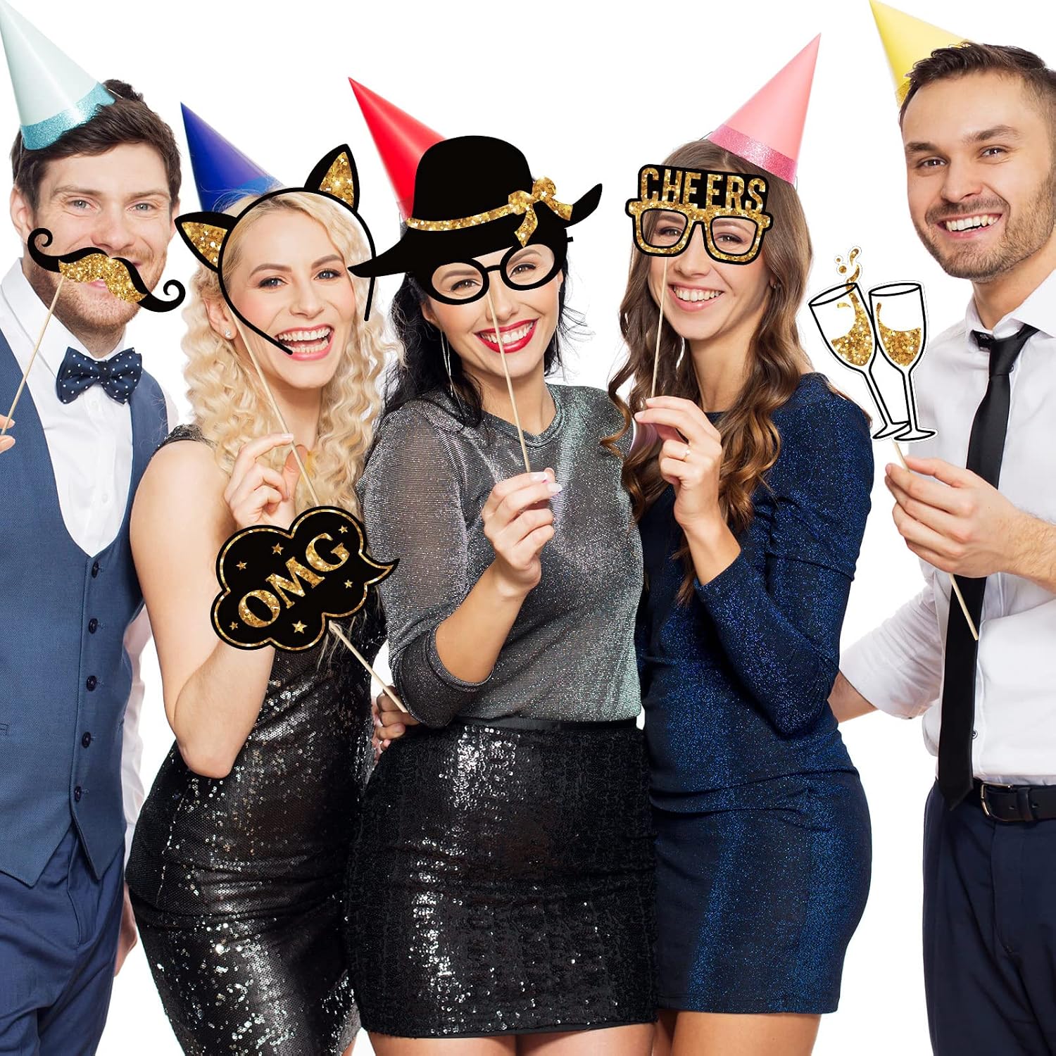 36 Pcs Birthday Photo Booth Props Kit,Gold and Black