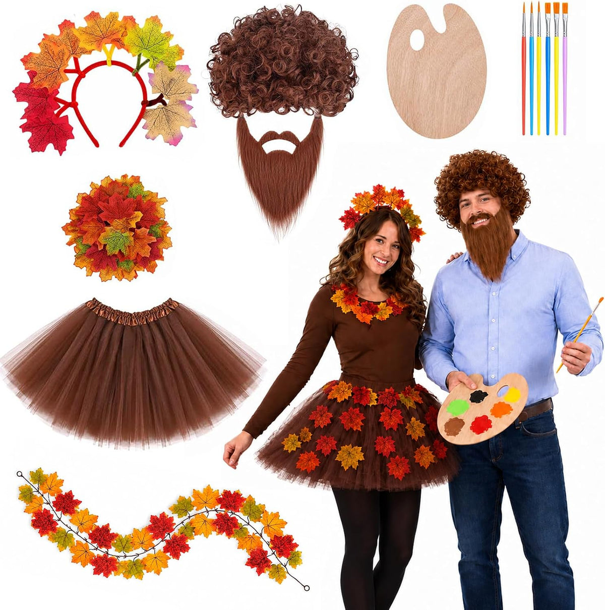 80s Painter Couple Costume Include Leaf Tutu,Headband,Garland,Curly Wig Beard and Painting Brushes Set for Adults