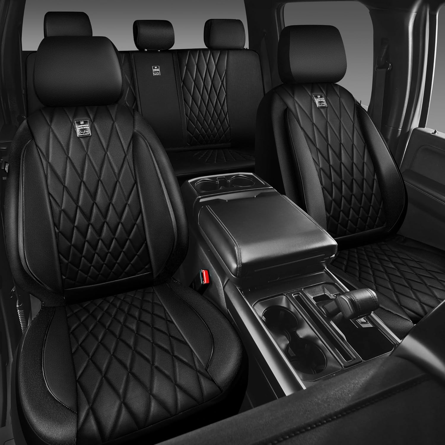 5 Seats Piping Luxury Faux Leather Seat Covers Full Set, Anti-Slip Waterproof Seat Covers Compatible with Front