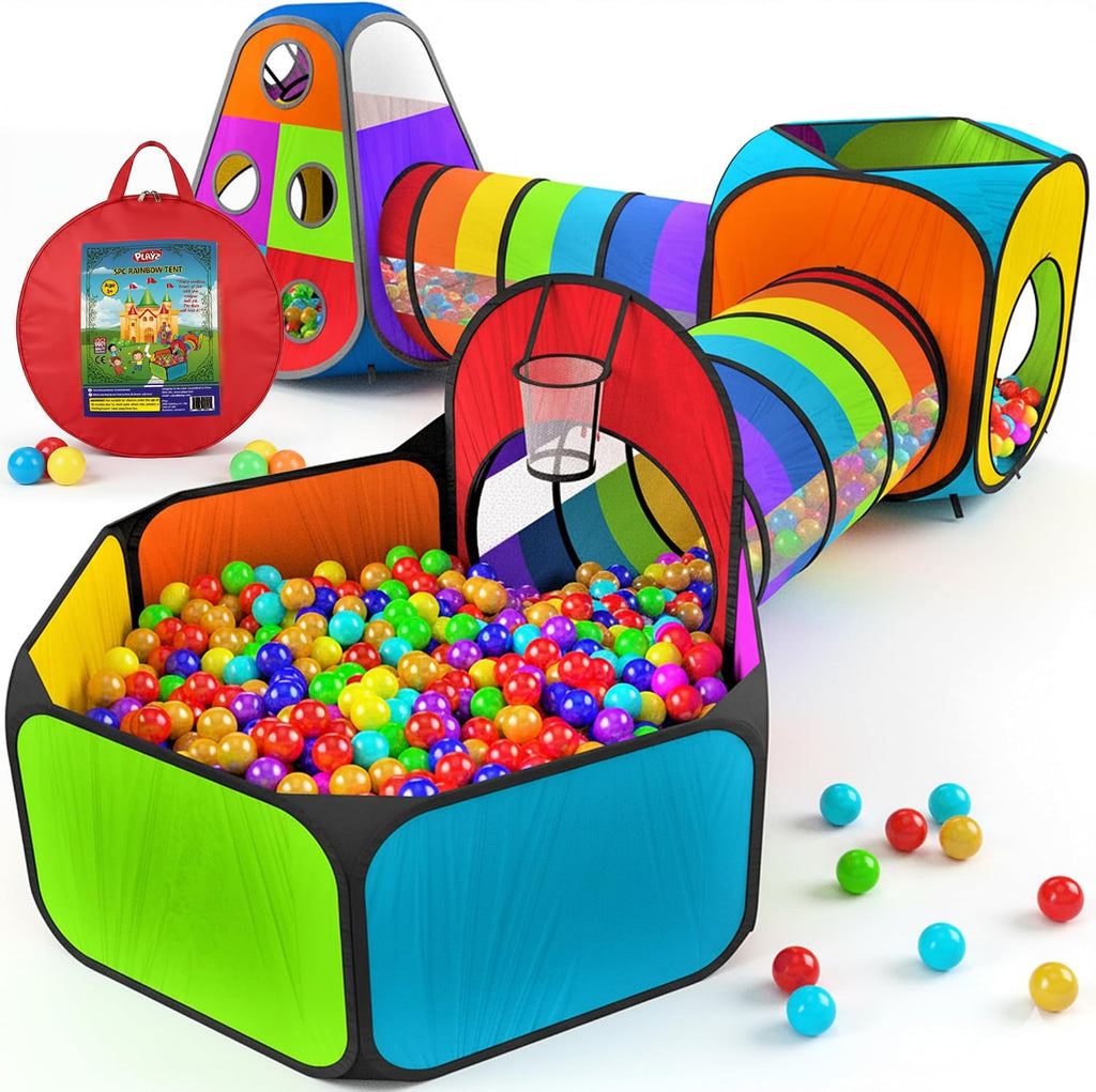 5pc Kids' Play Tents & Tunnels - Ball Pit for Toddlers, Basketball Hoop, Crawling Tubes, Pop-Up Playhouses, Baby
