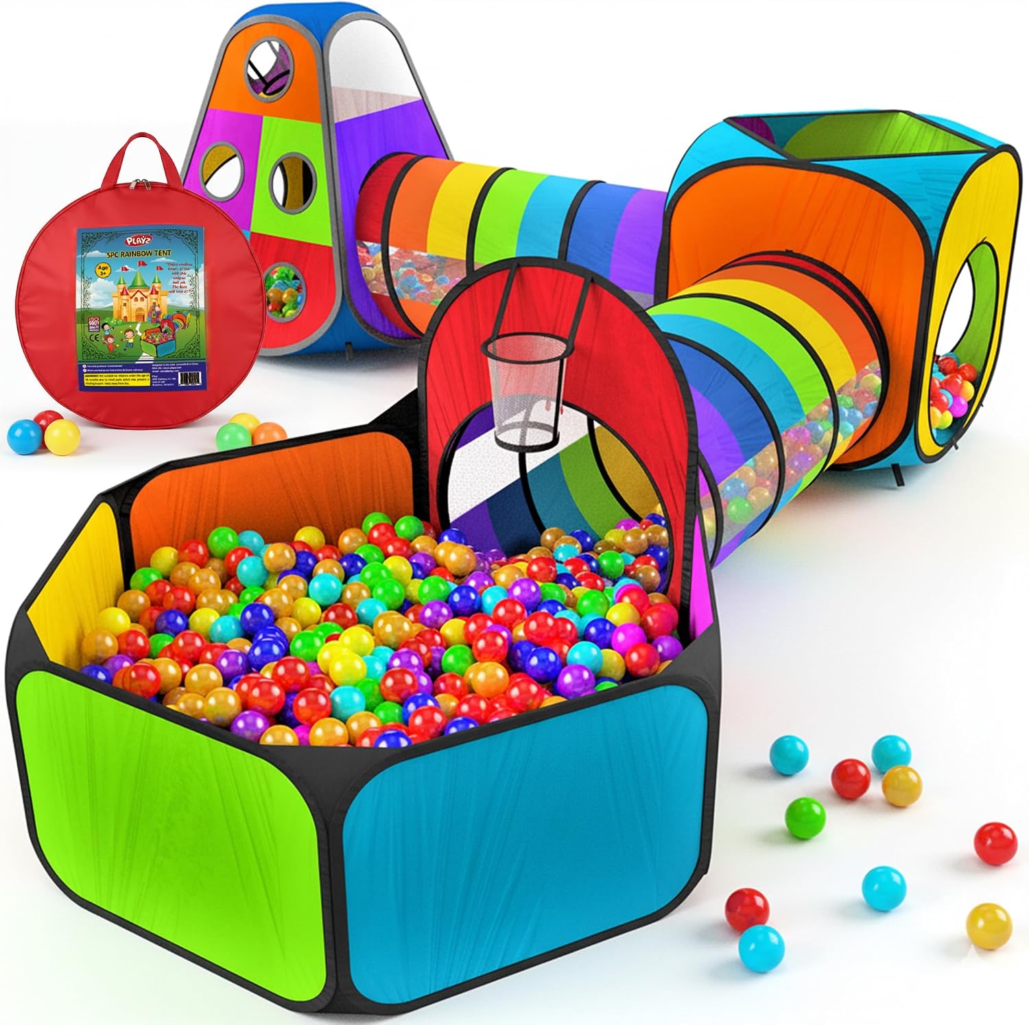 5pc Kids' Play Tents & Tunnels - Ball Pit for Toddlers, Basketball Hoop, Crawling Tubes, Pop-Up Playhouses, Baby