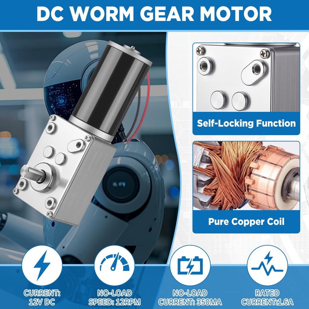 Sabary 6 Piece 12v 12rpm Dc Worm Gear Motor Kit with 20a Pwm Speed Controller for Forward and Reverse Control, High Torque Self-Locking Motor for DIY Automation, Robotics (Standard Panel Controller)