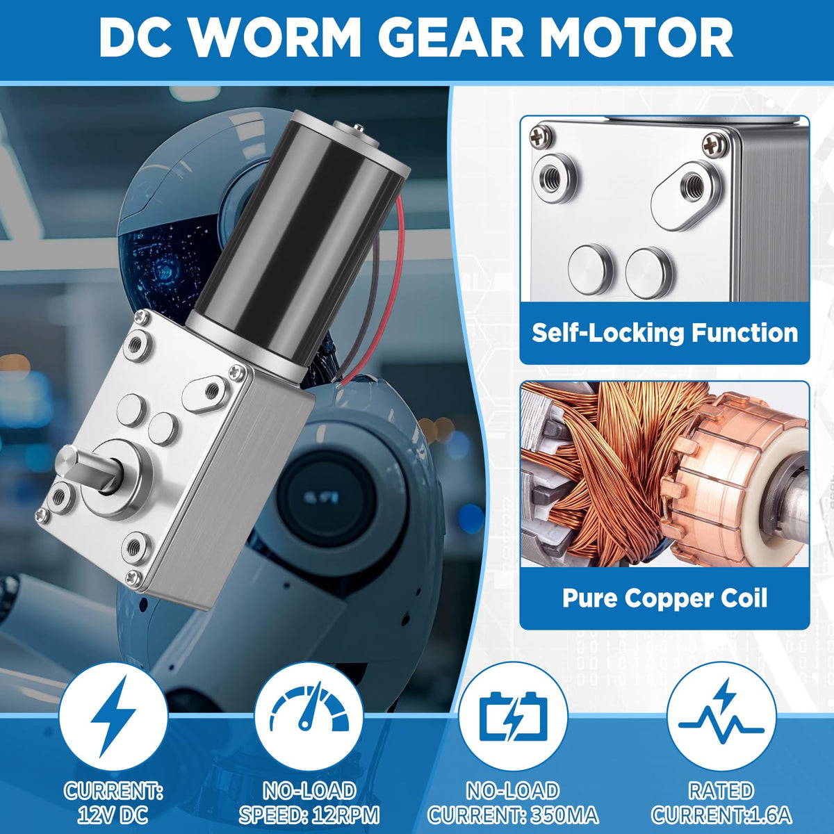 Sabary 6 Piece 12v 12rpm Dc Worm Gear Motor Kit with 20a Pwm Speed Controller for Forward and Reverse Control, High Torque Self-Locking Motor for DIY Automation, Robotics (Standard Panel Controller)