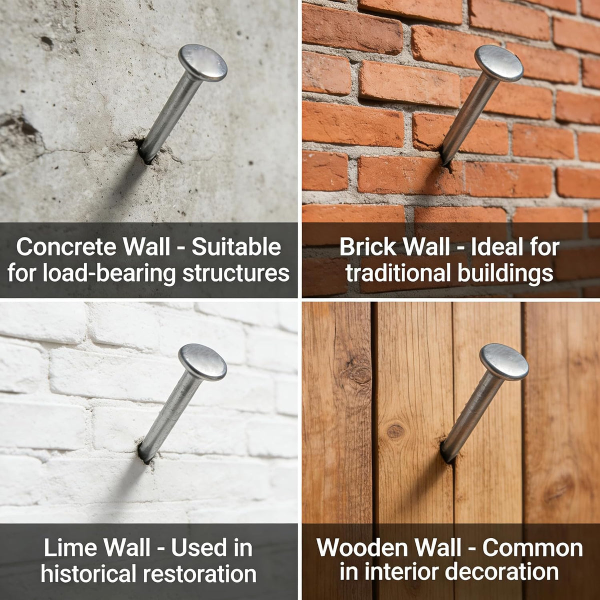 Picture Hanging Nails for Concrete Wall - 345 Pcs Masonry Nails Kit, 5 Sizes (3/4"-2"), Hardened Galvanized Steel for