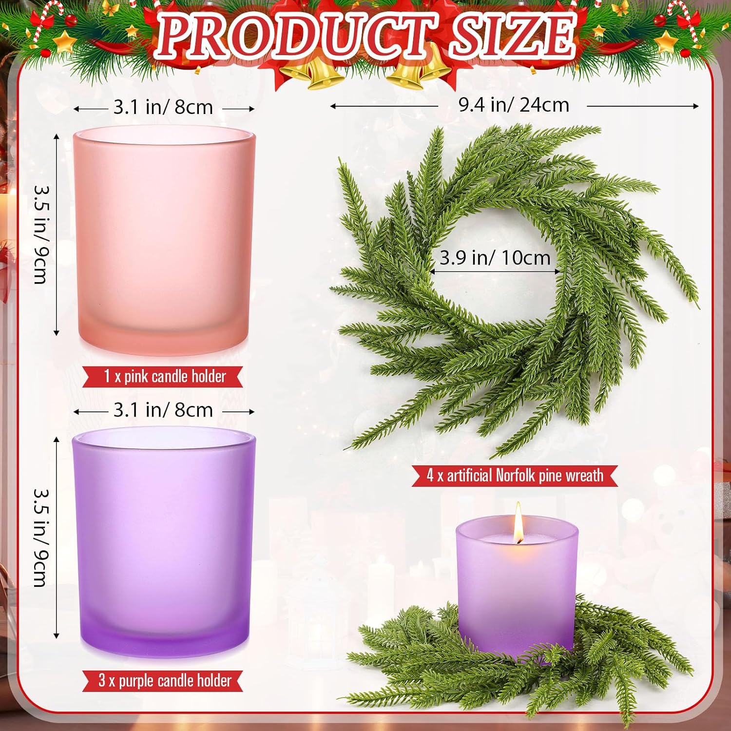 4 Pcs Christmas Advent Candle Holder with Wreath Catholic Nativity Scene Glass Votive Tealight Candle Holders Purple