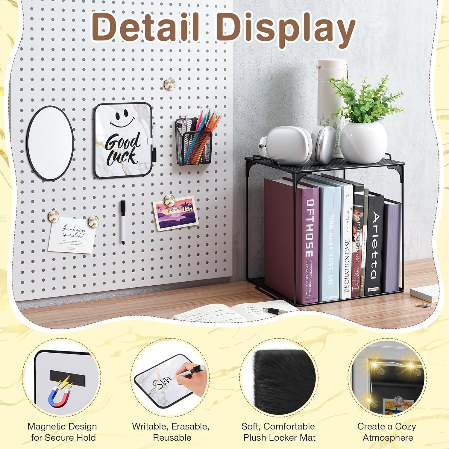 16 Pcs Locker Accessories with LED Light, Lockers Decor for School | Includes metal shelf, dry erase board, mirror