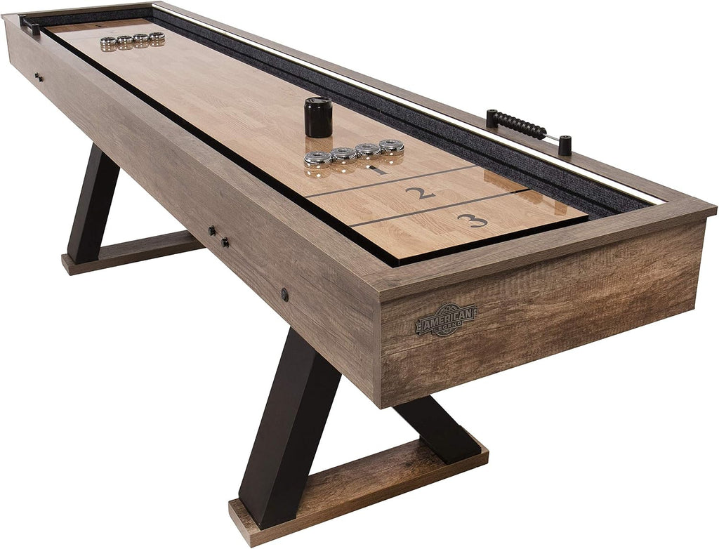 Kirkwood 9’ Shuffleboard Table with LED Rails, Bowling Game Set, Rustic Wood Finish & Accessories Included