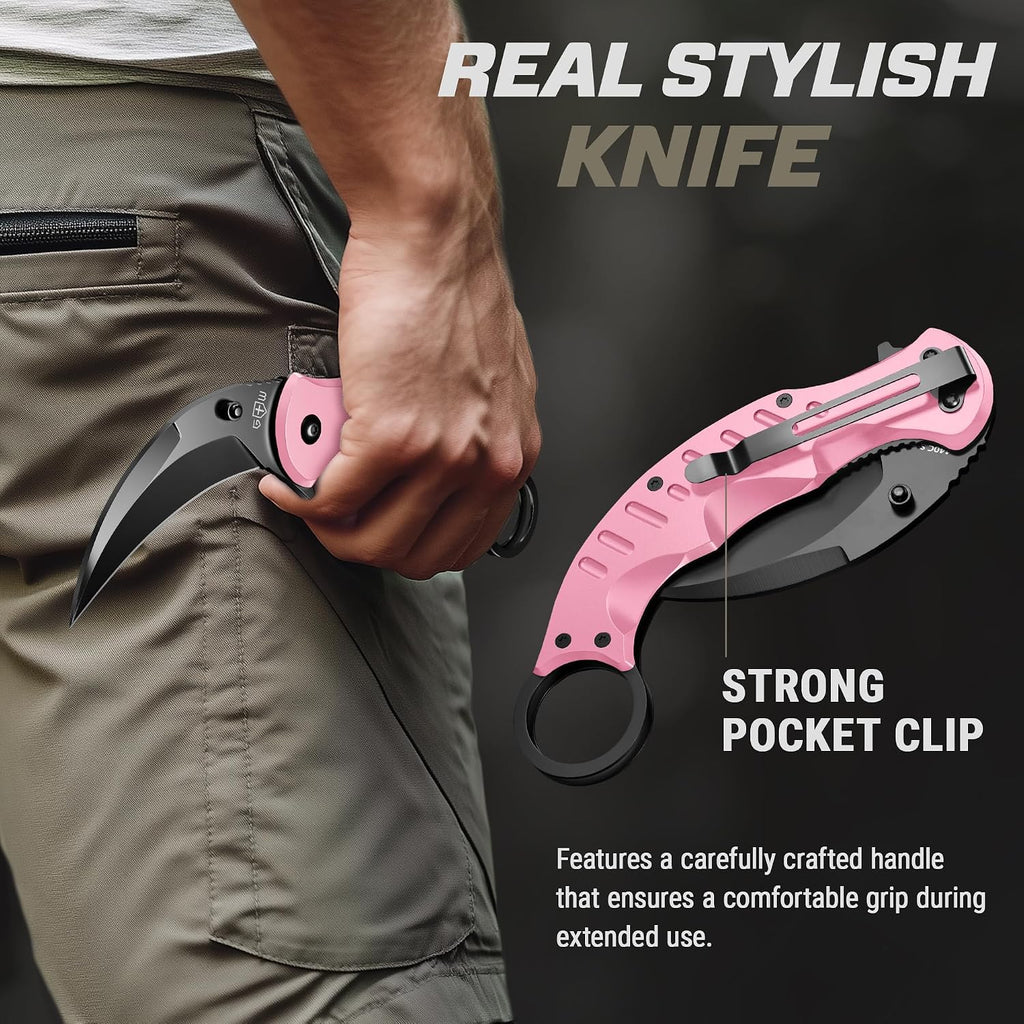 Pink Karambit Folding Knife - SharpTiger Claw Blade with Liner Lock and Aluminum Handle - Best Pocket Knives for