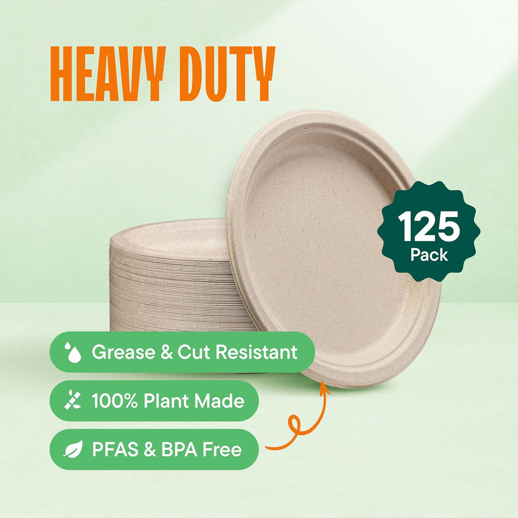 100% Compostable Paper Plates, Heavy Duty Disposable Plates [125-Pack] 9 Inch Plates - Eco-Friendly, Biodegradable