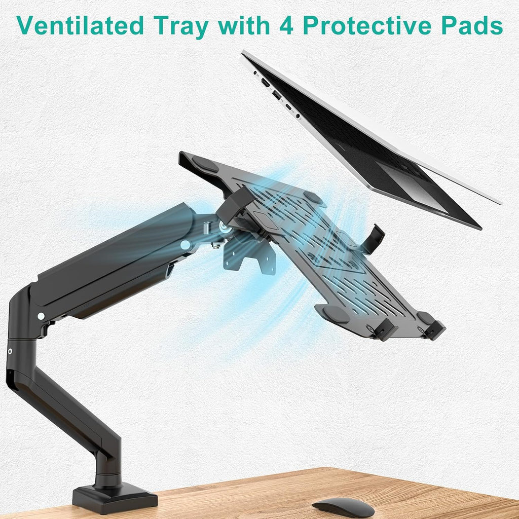 Single Arm Laptop and Monitor Desk Mount for 17" Notebook and Up to 32" Screen, 2-in-1 Adjustable Gas Spring Monitor