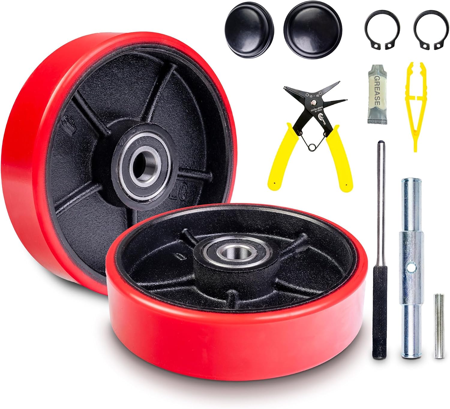 Pallet Jack/Truck Steering Wheels Set with Axle, Fasteners and Protective Caps (4 pcs) 7" x 2" with Bearings ID 20mm