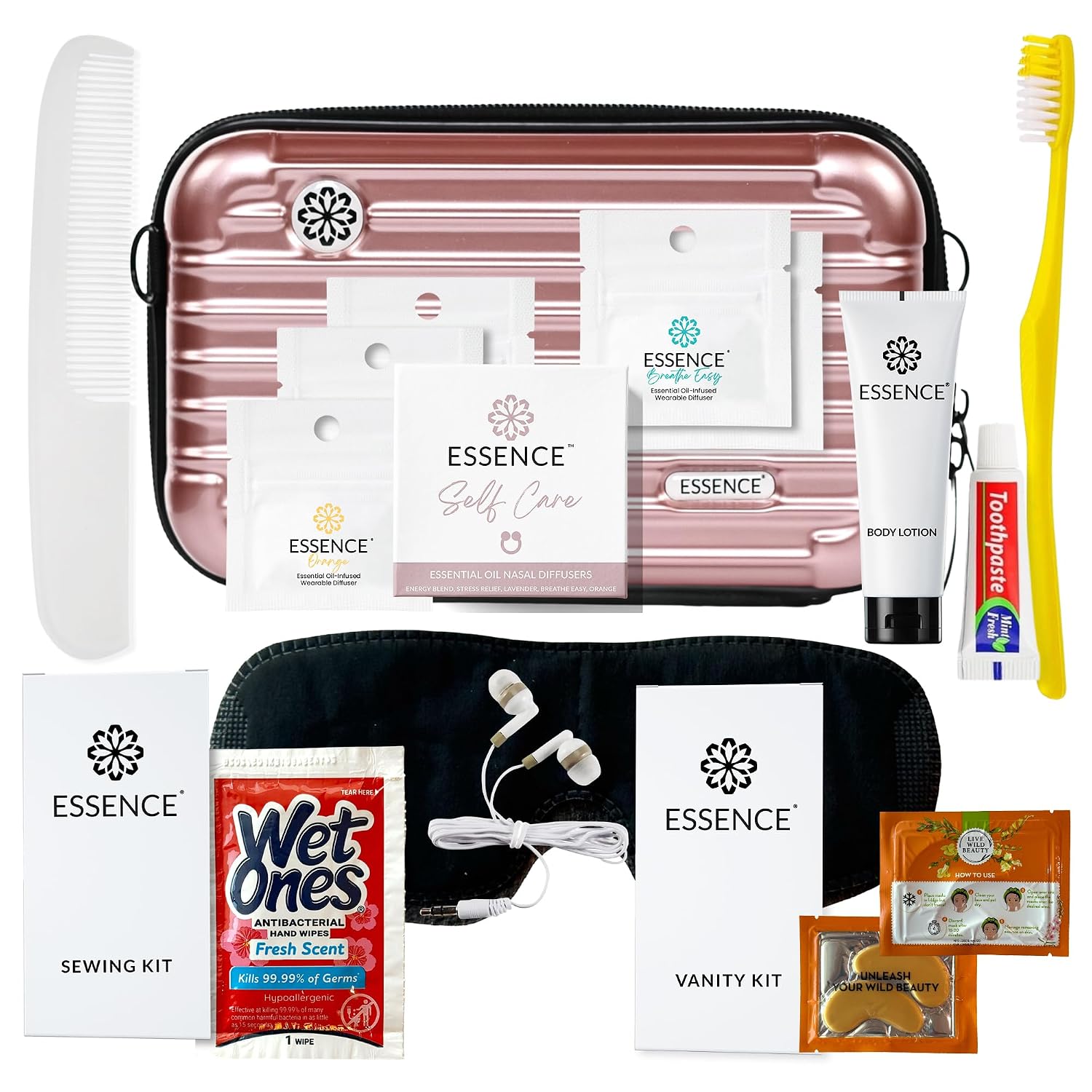 Essence Travel Amenity Kit | Travel Essentials & Travel Size Toiletries Kit | 5-Pack Nasal Diffuser Rings, Sleep