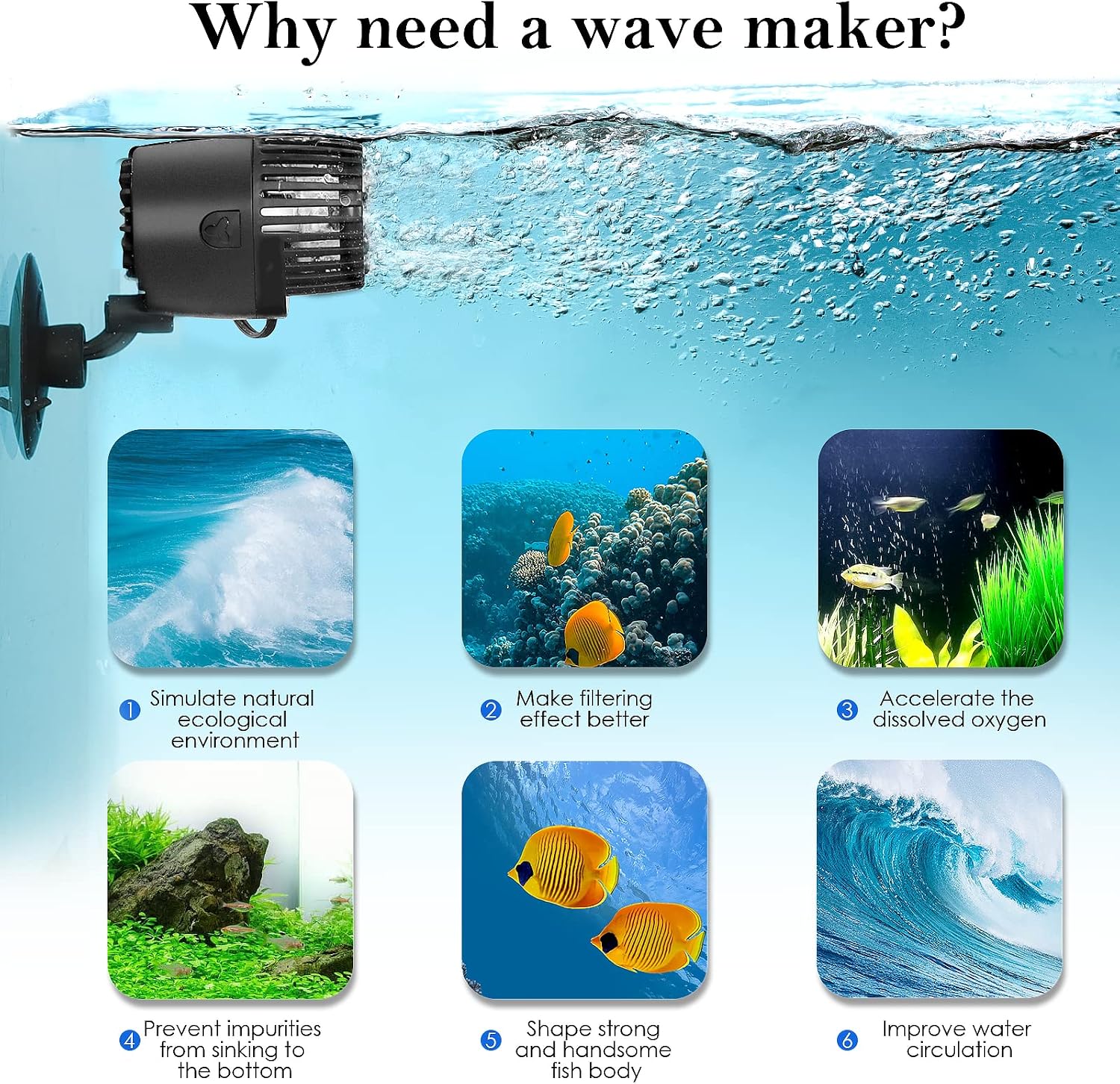 Aquarium Wave Maker,Suction Cup Fish Tank Single Powerhead Pump | 3W/5W/10W/15W 110V/60Hz Ultra Quiet Submersible