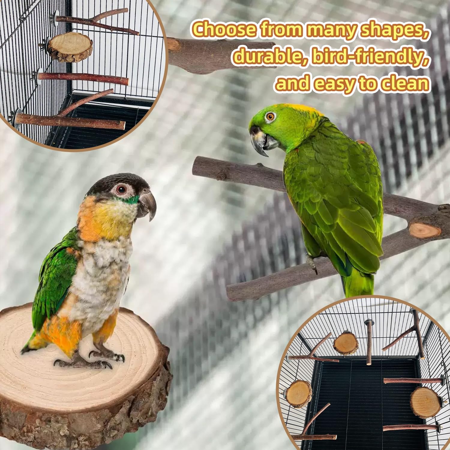 8-Piece Set Natural Wood Bird Perches - Wooden Parrot Stand with Fork Toys, Hanging Multi-Branch Platform, Hammock