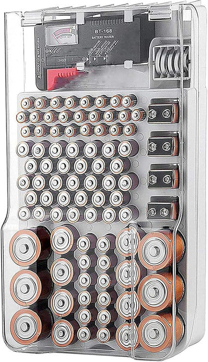 Battery Organizer Storage Box with Tester,Clear Lid Battery Organizer Storage Case Holder Holds 93 Batteries Battery
