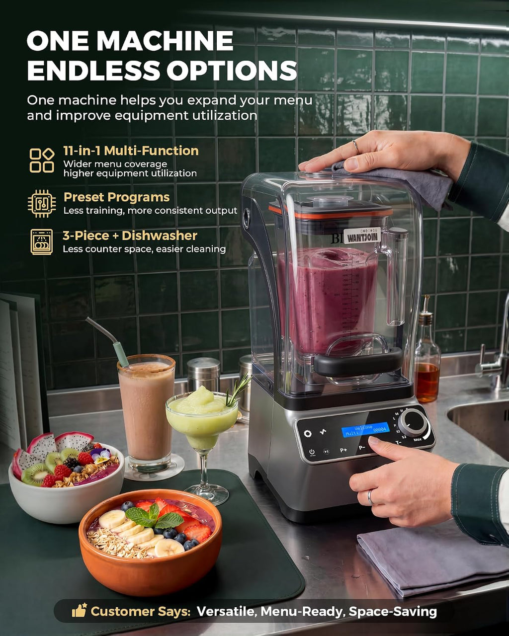 Commercial Blender - 80 oz Quiet Blender for Smoothies with LED Touch Panel & Sound Enclosure, 2200W Copper Motor