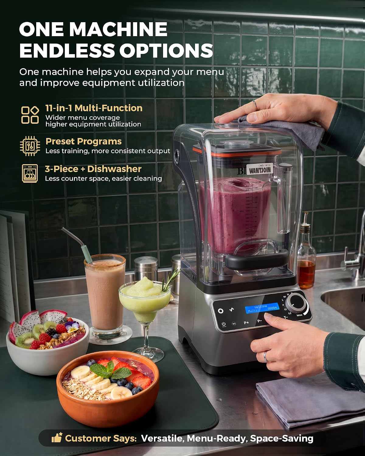 Commercial Blender - 80 oz Quiet Blender for Smoothies with LED Touch Panel & Sound Enclosure, 2200W Copper Motor