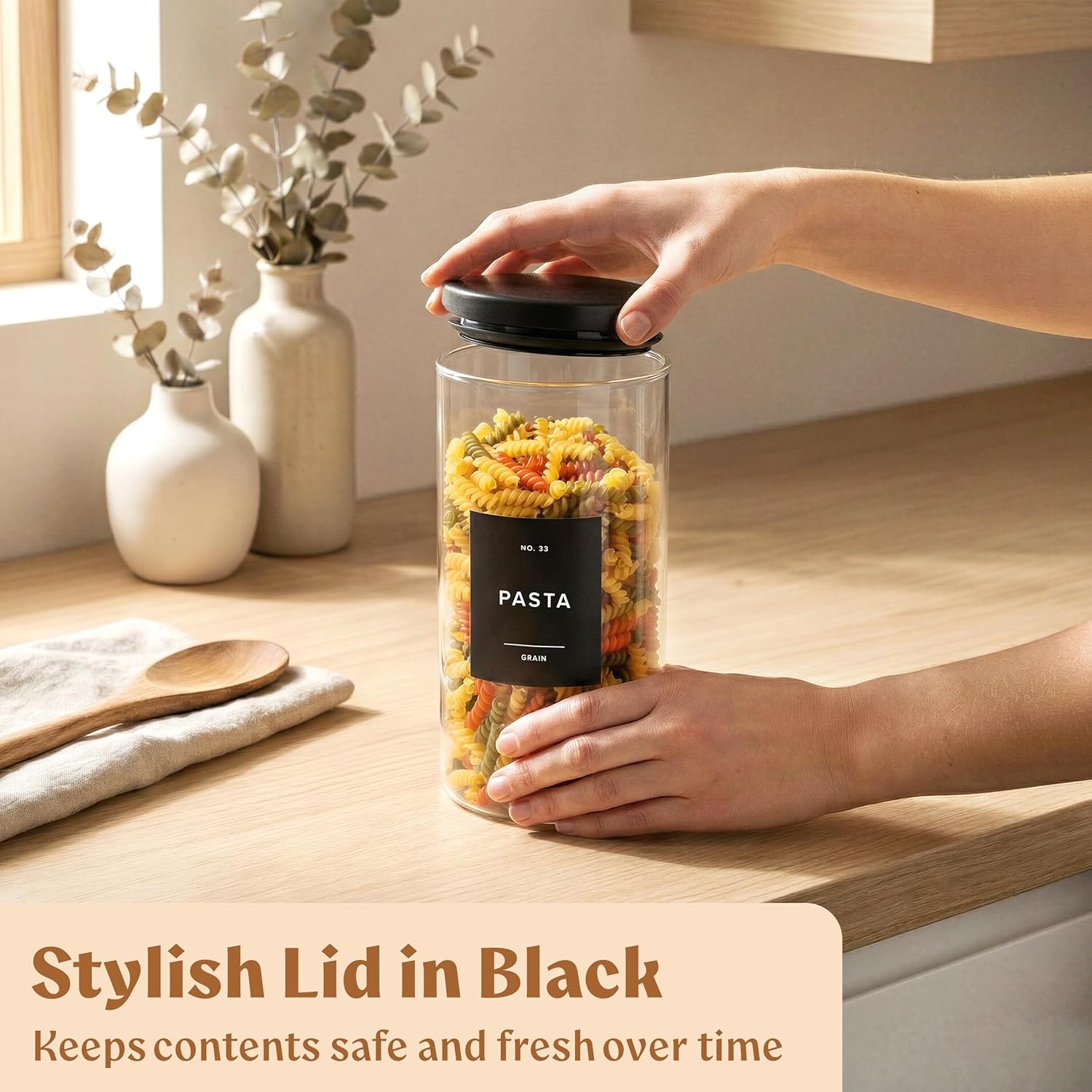 Glass Storage Containers with Black Lids [Extra Thick Glas] with 54 Labels - Canister For Pantry Noodles Flour Cereal