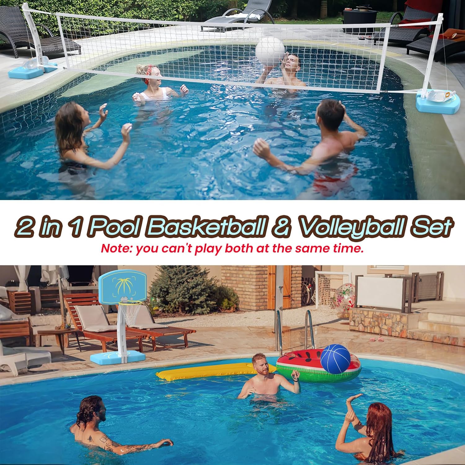 Pool Basketball Hoop and Volleyball Net Combo Set, with Stainless Steel Frame, 8 Lighting Modes, Dual-Mode Summer