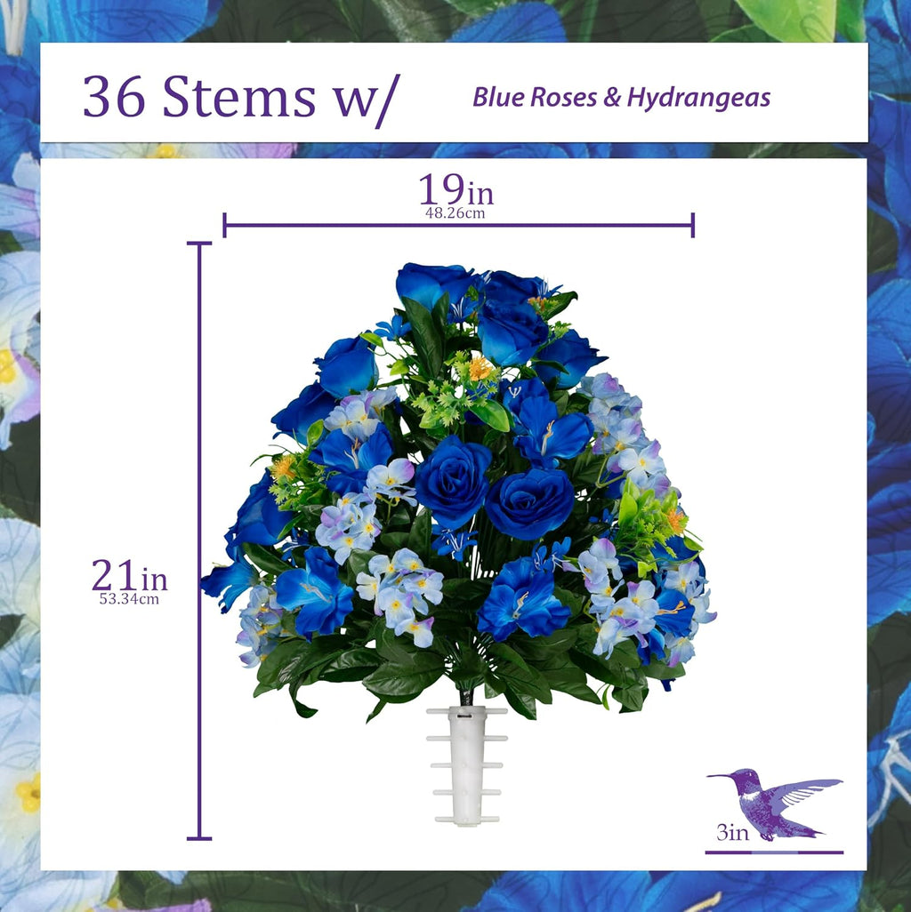 Artificial Cemetery Flowers - Gravesite Flowers - Blue Roses and Hydrangeas