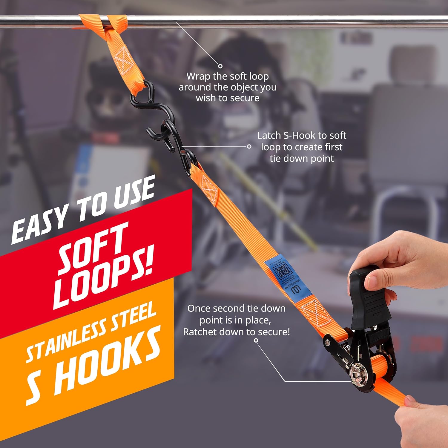 Ratchet Straps 2 Pack – 1 Inch x 13 Feet, 2000 lb Heavy Duty Tie Down Straps with S Hooks, Cargo Straps for Truck