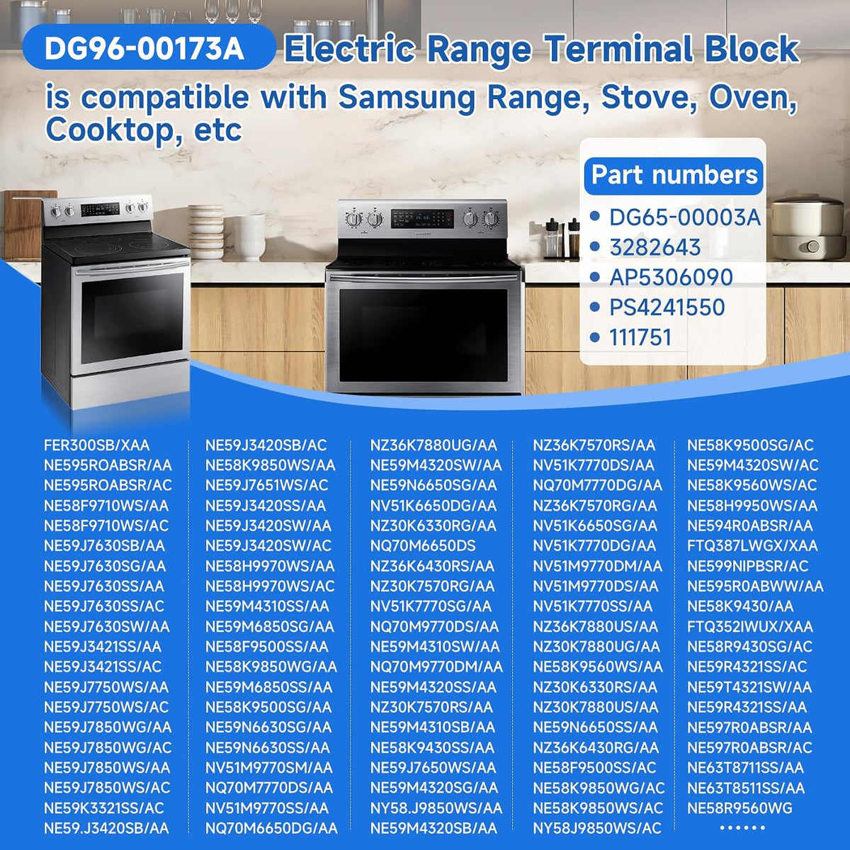 DG96-00173A Range Terminal Block Replacement Compatible with Samsung Electric Range/Stove/Ovens, DG65-00003A Terminal Block Replace AP5306090 3282643 WB17T10011, 600V 65A 3 Positions Dual Row