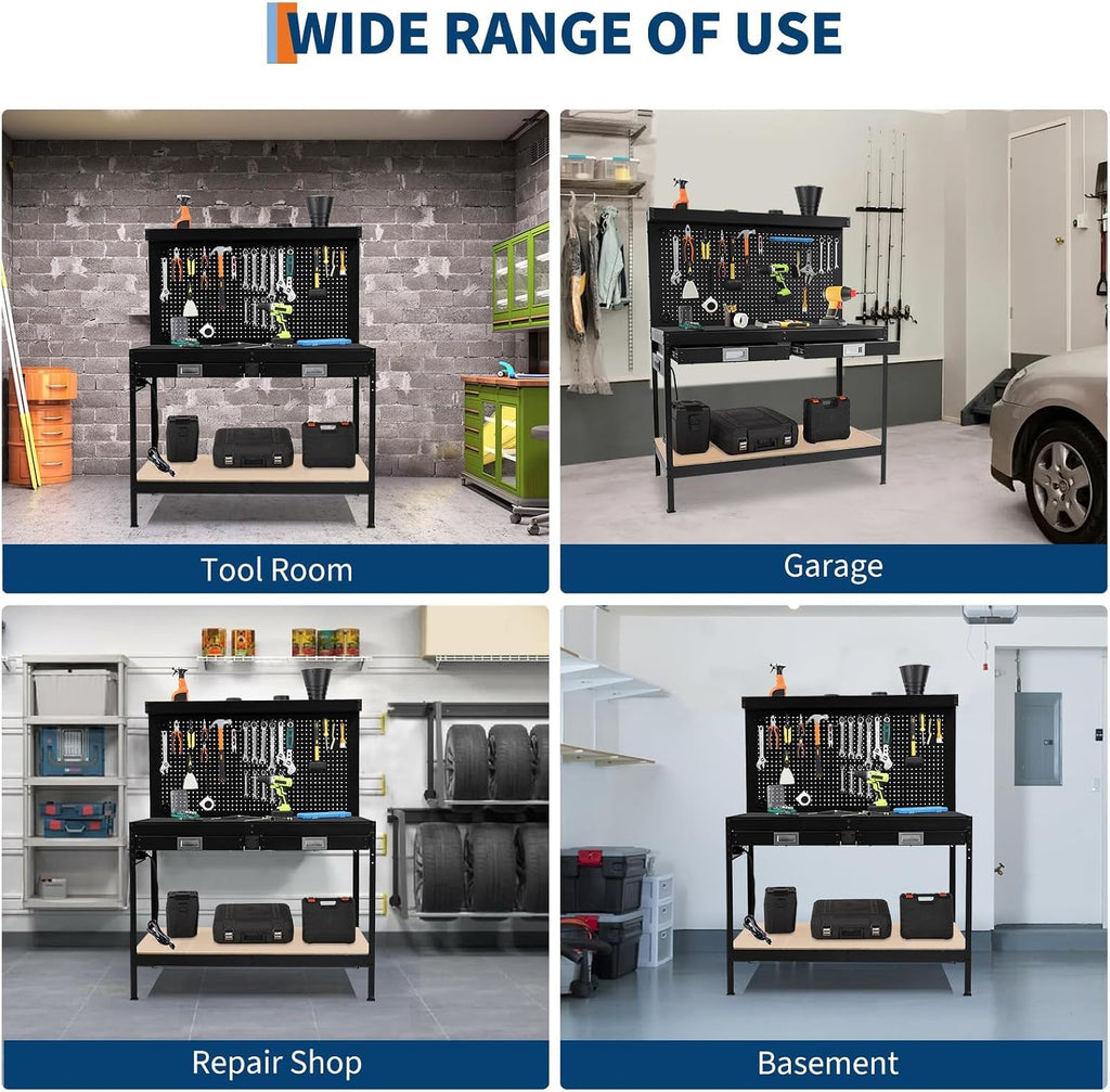 48" 2-Tier Garage Workbench, Heavy-Duty Cold-Rolled Steel Work Table with Back Panel, Lower Storage Shelf, Black Tool