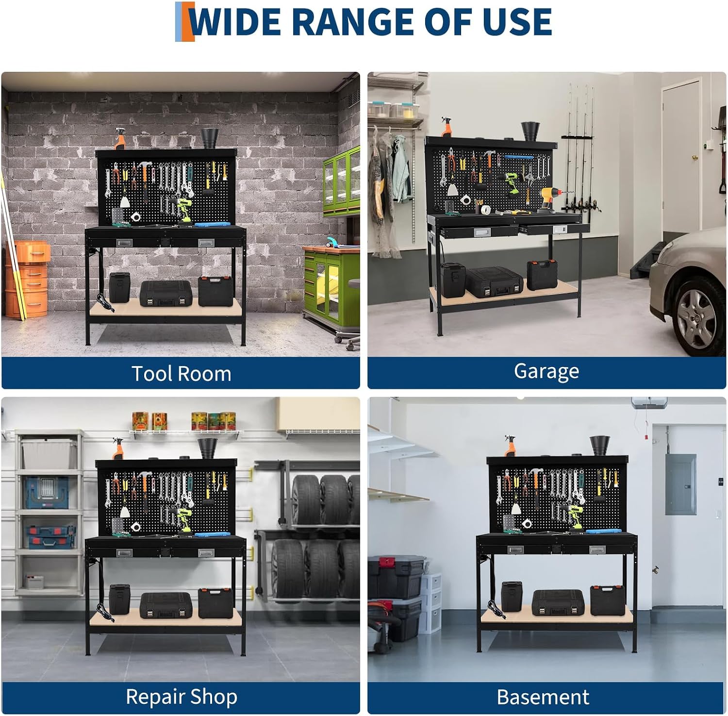 48" 2-Tier Garage Workbench, Heavy-Duty Cold-Rolled Steel Work Table with Back Panel, Lower Storage Shelf, Black Tool