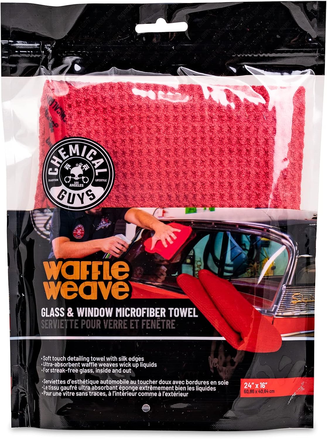 Waffle Weave Glass & Window Microfiber Towel, Red, 24 x 16 | Waffle-weave towel wipes glass, mirrors and windows