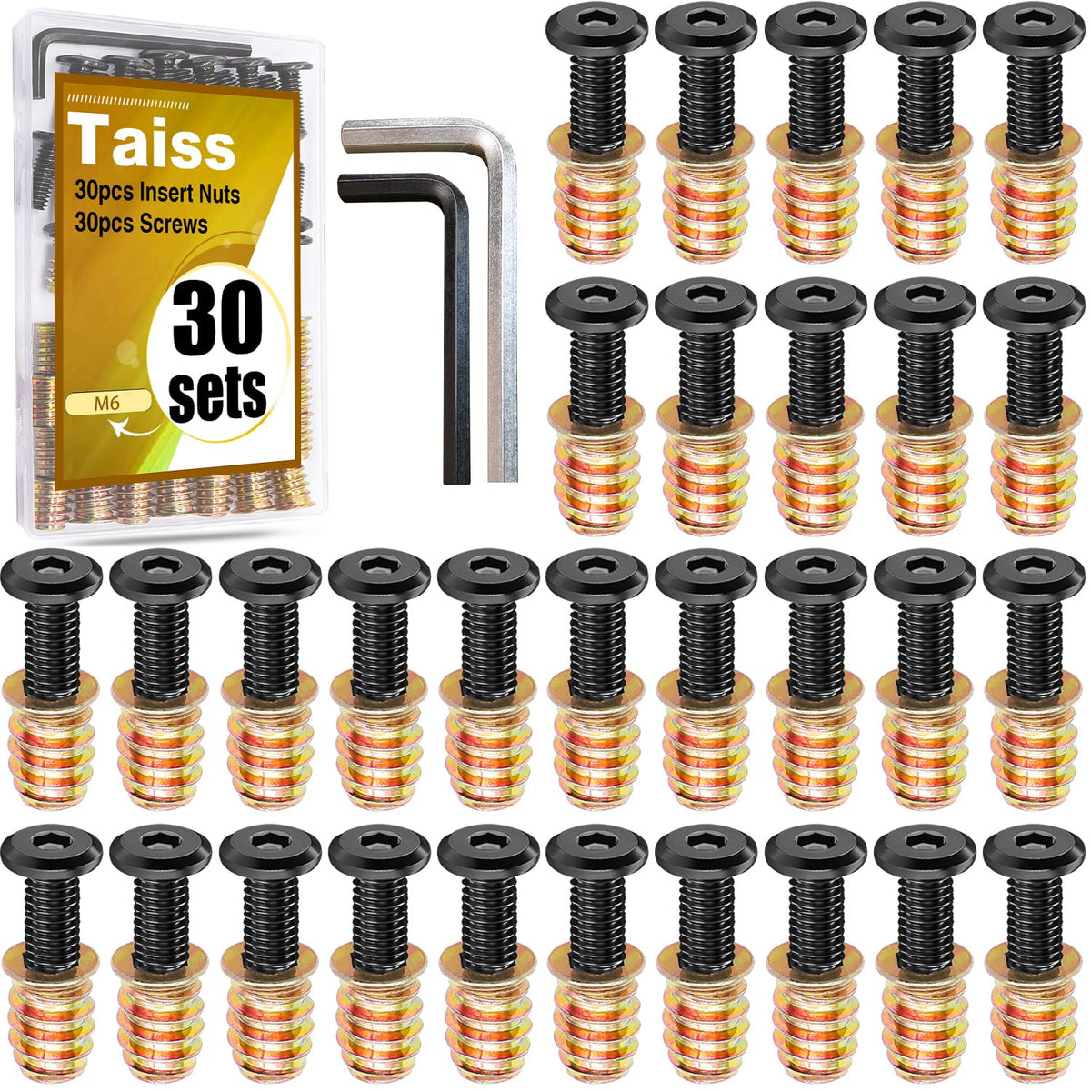 Taiss 30 Sets M6x25 Furniture Screw M6x15 Threaded Inserts for Wood,Screw-in Nuts,Nut Threaded Wood Inserts Bolt Fastener Connector Hex Socket Drive Bolts
