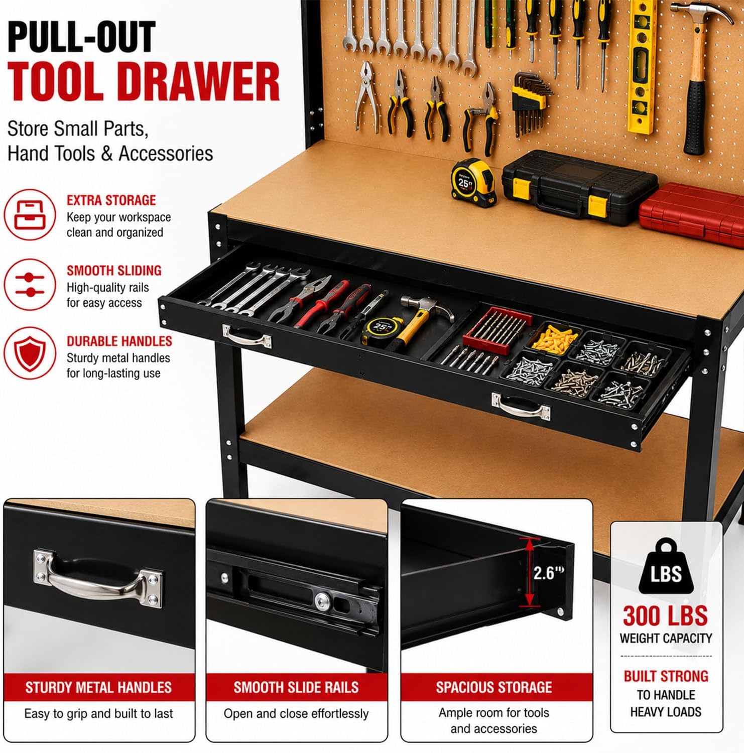 63" Heavy Duty Workbench with Peg Board, Drawer & Storage Shelf, Steel Workshop Tool Table with MDF Top for Garage