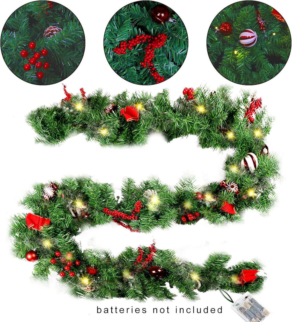 9 FT LED Christmas Garland with Pinecones Red Berries Bows Christmas Balls Candies, Multi-Function Christmas Garland