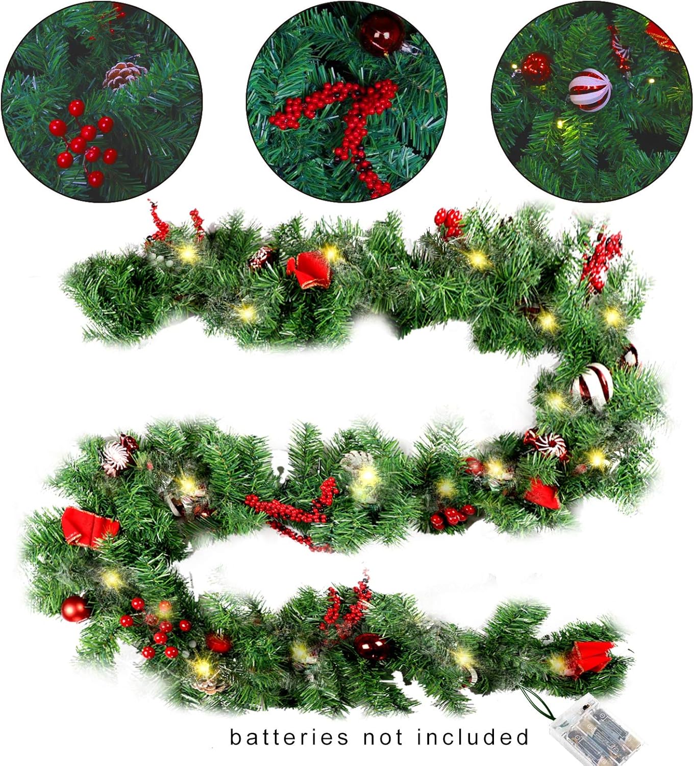 9 FT LED Christmas Garland with Pinecones Red Berries Bows Christmas Balls Candies, Multi-Function Christmas Garland