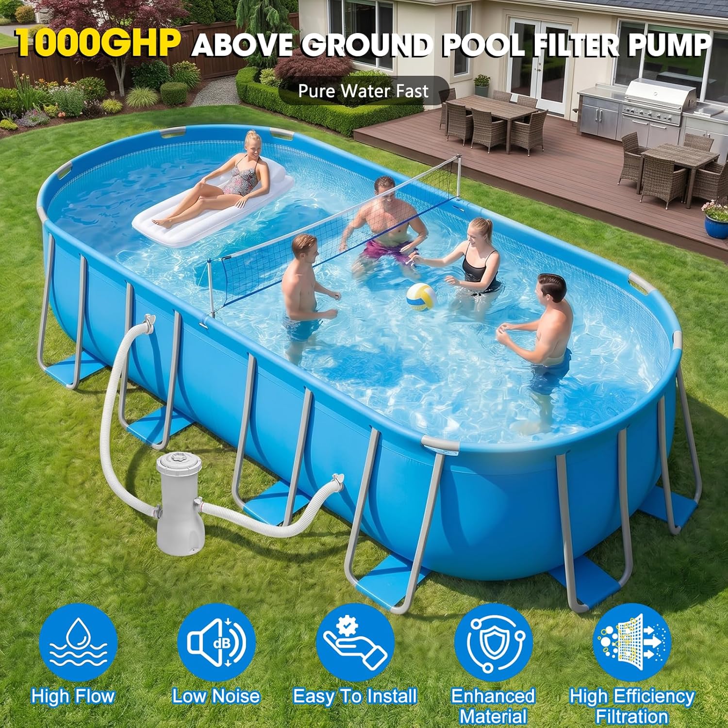 Pool Pump and Filter Above Ground, 1000 Gallon Swimming Filter Cartridge Pumps, Electric Pools Water Pump Filter for