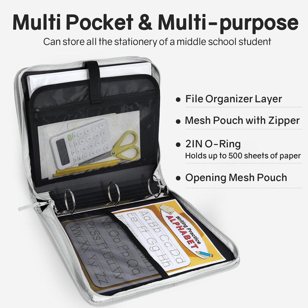 Zippered Binder Bag with Handle, 2-Inch 3-Ring O-Ring, 500-Sheet Capacity, Includes Zip Pocket, 5-Tab Expanding File