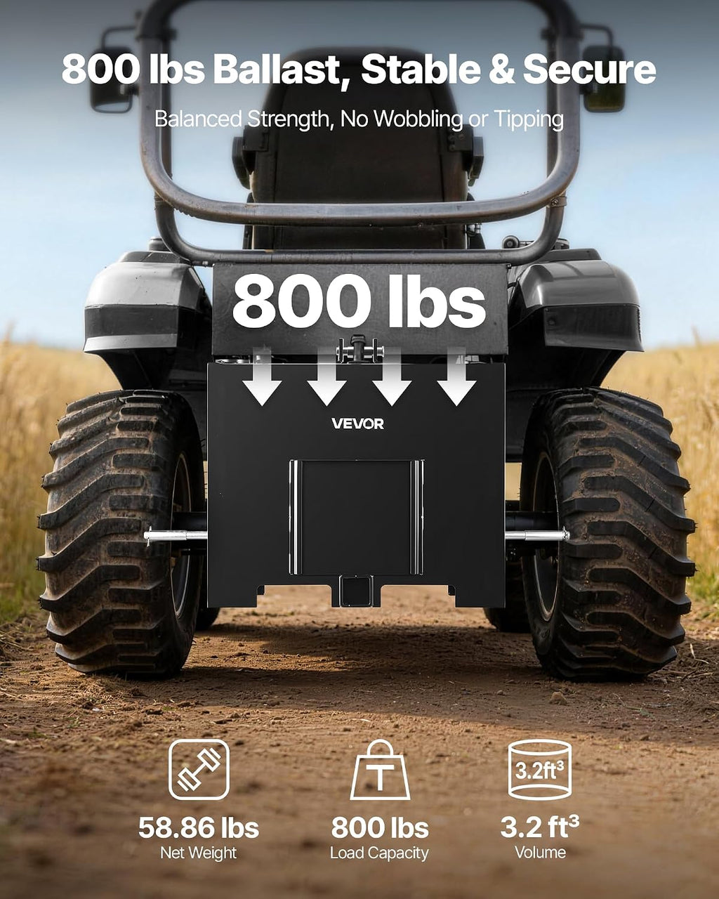Ballast Box, 3-Point Category 1 Tractor Ballast of 800 lbs Capacity, with Standard 2 Inch Hitch Receiver, Heavy-Duty